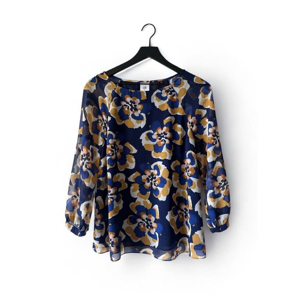 Cabi Navy Mustard Floral Sheer Layered Blouse Size M
